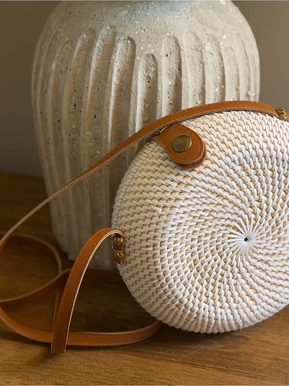 Woven Round Crossbody Bag in Cream and Tan